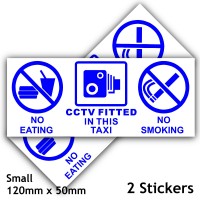 2 x No Eating,No Drinking,CCTV Fitted Stickers-120x50mm Blue on White-Taxi,Minicab,Minibus,Cab Notice Sign 